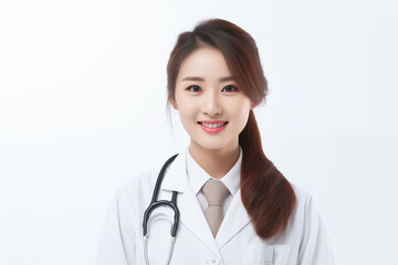 Smiling asian woman doctor on white background. Woman doctor. World of Medicine. Personal care profession. Medical studies. European doctor. Asia. Asian doctor. China. Japan. AI.