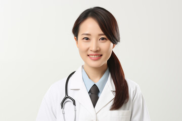 Smiling asian woman doctor on white background. Woman doctor. World of Medicine. Personal care profession. Medical studies. European doctor. Asia. Asian doctor. China. Japan. AI.