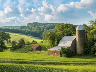 A picturesque farm scene featuring a barn with a silo, surrounded by lush green fields, trees, and rolling hills under a partly cloudy sky.
