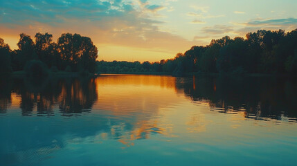 Obraz premium A serene lake reflecting the colors of the sunset, with silhouettes of trees lining the shore and a peaceful stillness enveloping the scene, creating a tranquil summer evening ambiance.