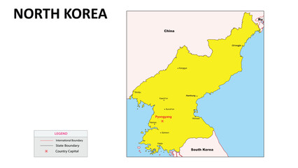 North Korea Map. Major city in North Korea. Political map of North Korea with border and neighbouring country.