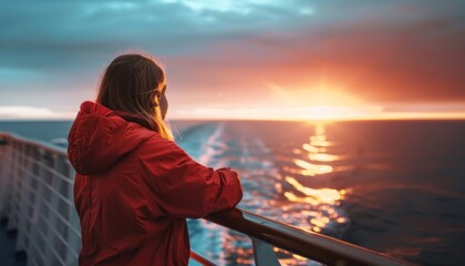 Sailing into Serenity: A Woman's Sunset Delight on a Luxury Cruise Ship