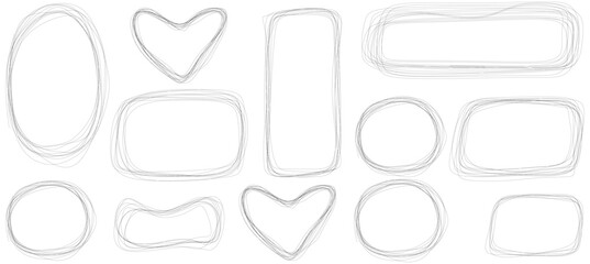 Set of grunge scribble frames. Rectangle, round and heart scrawl shapes hand drawn with pencil. Punk vector illustration for collage, banner, stickers design