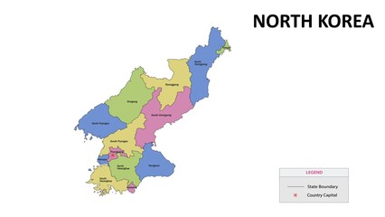 North Korea Map. State and union territories of North Korea. Detailed colourful Political map of North Korea with Country capital and important cities. Political map of North Korea with neighbouring