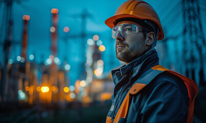 Electrician engineers standing at a power plant to view the planning work for power generation at high voltage electrodes. electrical energy design, industry concept, modern business technology.