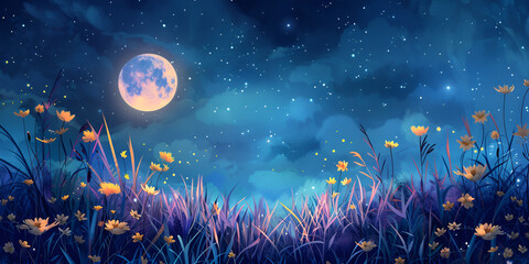 Fototapeta premium Night landscape with flowers and grass .backgrounds night sky with stars and moon and clouds.