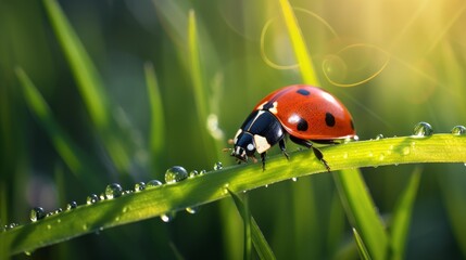 Obraz premium Ladybug on the grass, beautiful summer background, dew on the grass in the sunlight. 