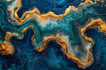 Abstract Fluid Art Print in Blue and Gold - Perfect for Modern Interiors and Design Projects