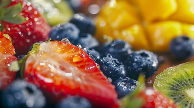 High quality close-up of fresh fruits lying on a wooden table, colorful fruits such as strawberries, blueberries, kiwi and mango, water drops on the fruits