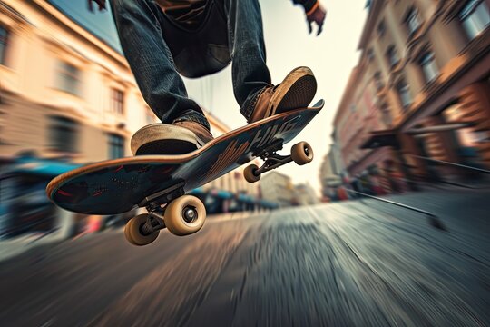 A skateboarder flips their board mid-air while moving at a high speed down a city street. Generative AI - Powered by Adobe