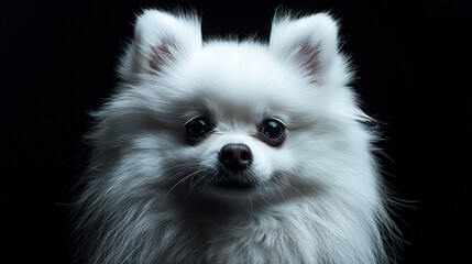Obraz premium Cinematic shot of adorable, perfect, shiny, combed, fluffy white Spitz, happy, excited Pomeranian Spitz on black background