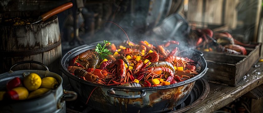 Close up of a crawfish boil