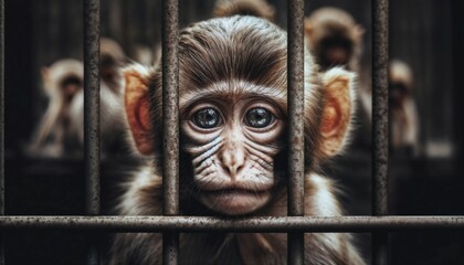 Sad Monkey Behind Bars in Captivity
