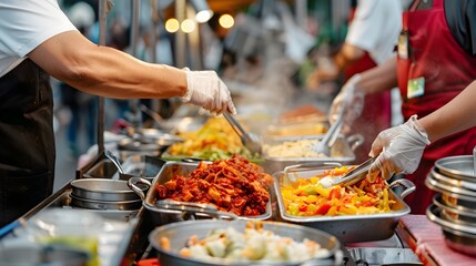Obraz premium Lively International Street Food Festival with Diverse Culinary Offerings and Energetic Atmosphere