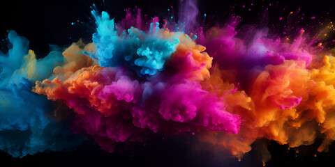 Colorful background concept colorful holi powder blowing up on dark black background.