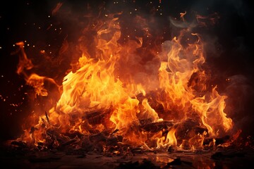Vivid flames engulfing wood.