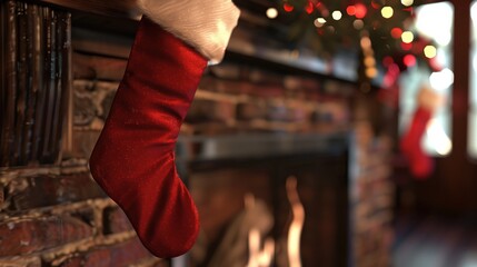 Cozy fireplace with Christmas stocking hanging on a brick mantel, warm holiday decorations, and festive lighting.