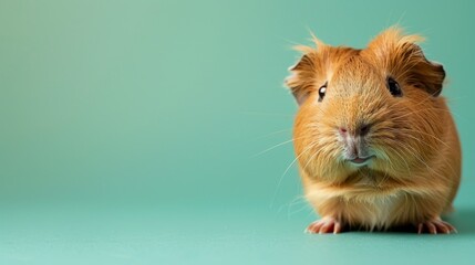 Fototapeta premium A curious guinea pig peeking out from a solid mint green background with space above for text