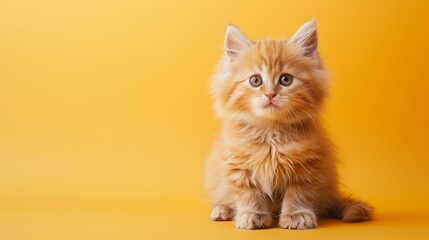 Obraz premium A fluffy Persian kitten sitting on a solid pastel yellow background with space above for text