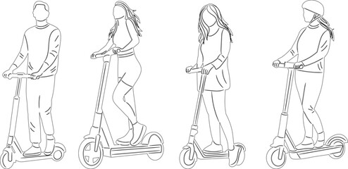 people on scooters sketch on white background vector