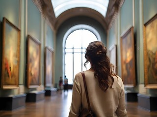 Back portrait of an adult woman looking at museum paintings in an old museum art gallery