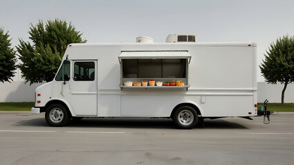 White food truck, side view, isolated on a white background, perfect for showcasing culinary ventures.