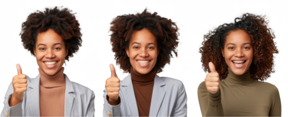 Three women with different hair colors are smiling and giving thumbs up