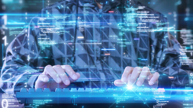 Cybersecurity expert typing on a keyboard, surrounded by floating digital codes binary numbers. Abstract encryption and dynamic, complex data security with light effects blur.