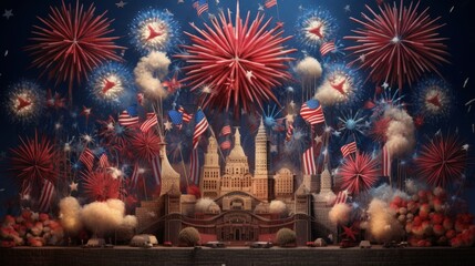 Vibrant fireworks display above a patriotic landmark, celebrating a festive event. Colorful explosions and American flags add to the jubilant atmosphere.