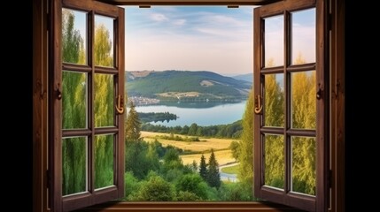 Beautiful landscape nature view background, view from open window