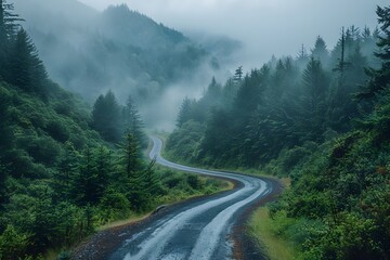 Misty Forest Road in the Mountains - Tranquil and Serene Nature Landscape Photography
