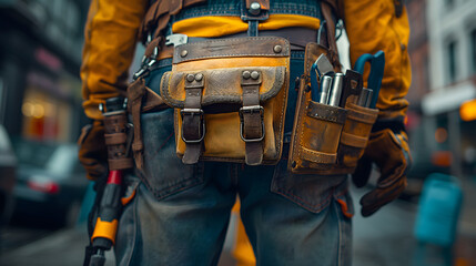Fototapeta premium Worker with tool belt in urban environment