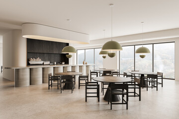 Stylish cafe interior with bar counter and eating space, panoramic window