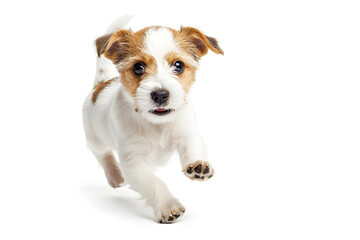 Playful puppy dog running, playing isolated on white background