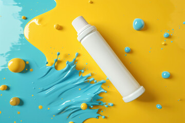 white cosmetic product container on abstract blue and yellow background. mock up, layout concept. tube for your design.