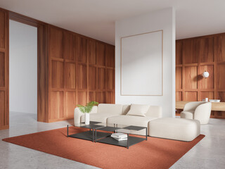 Stylish home chill room interior couch and drawer with decoration, mockup frame