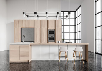 Modern kitchen interior with light wood furnishings and a black countertop on a dark floor in a spacious room, minimalistic concept. 3D Rendering