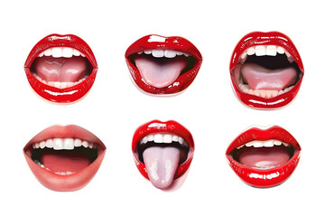 Fototapeta premium Collection of woman's mouths with red glossy lips smiling isolated on a white background