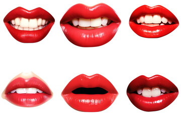 Obraz premium Collection of woman's mouths with red glossy lips smiling isolated on a white background