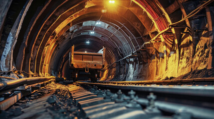 Obraz premium A single ore car travels on rails deep inside a dark mine, illuminated by overhead lights