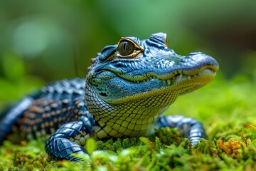 Fototapeta premium Close-Up of a Young Alligator on Mossy Ground - Wildlife and Nature, Stock Photography for Posters and Prints