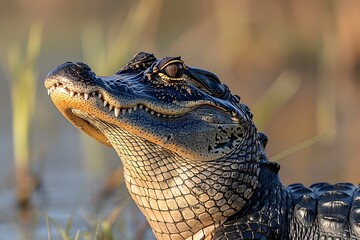 Fototapeta premium Close-up of Wild Alligator in Natural Habitat Wildlife Photography for Nature Enthusiasts and Educational Projects