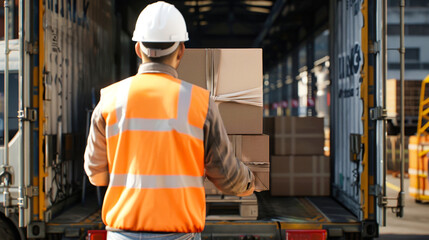 A warehouse worker in a bright orange vest, hard hat, and jeans loads boxes into a semi-trailer