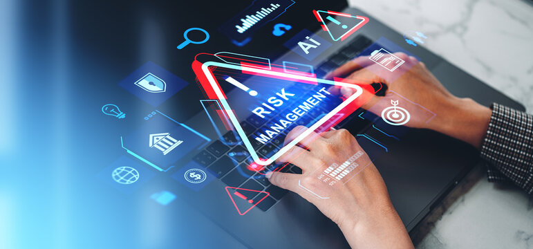 Businesswoman fingers typing on laptop, risk management hologram with icons