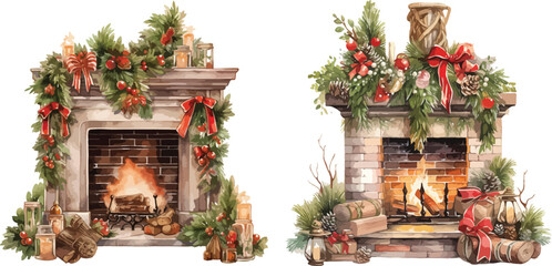 christmas fireplace watercolor clipart

