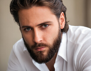 Fototapeta premium Portrait of a young man in a white shirt with a beard and moustache