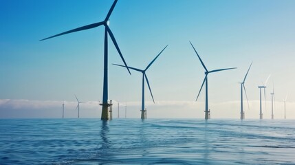 Immense offshore wind farm theme side view demonstrating sustainable power digital tone triadic color scheme