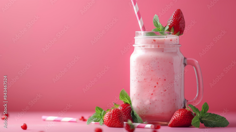 Wall mural A strawberry smoothie or milkshake in a mason jar, garnished with mint, on a pink table. Healthy food option for breakfast or snack