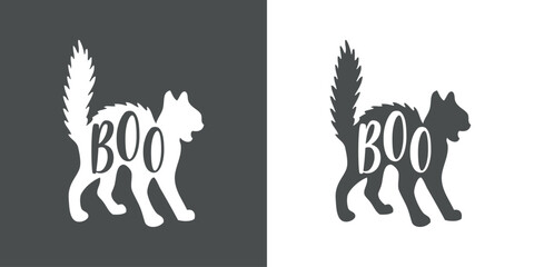 Fototapeta premium Logo con gato de bruja para invitaciones y tarjetas de Halloween. Silueta de gato enojado arqueando su espalda con palabra Boo