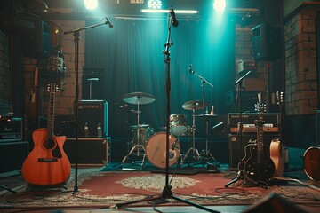 Fototapeta premium A small stage with a drum set, two guitars, and microphones set up for a performance. The stage is lit with green lights. Generative AI
